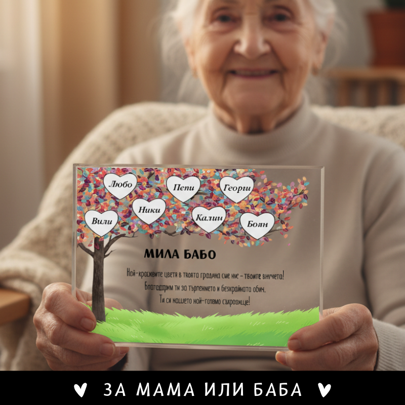 Послание за мама или баба + от 1 до 7 имена - акрилен плакет