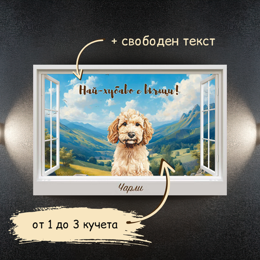 Куче през прозореца - планини - картина с ваш текст
